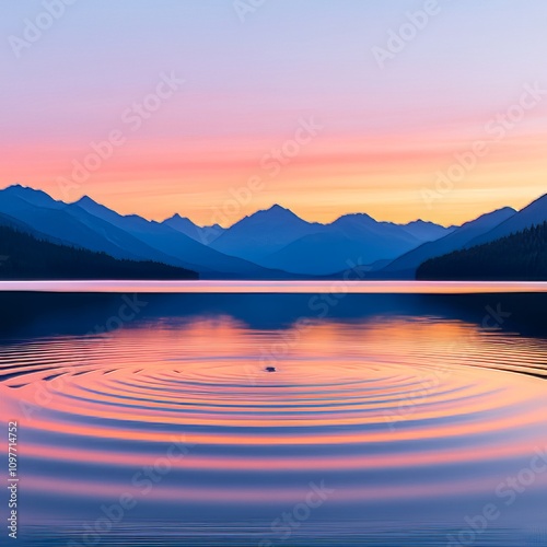 Serene sunset over calm lake with mountain reflection and concentric ripples.