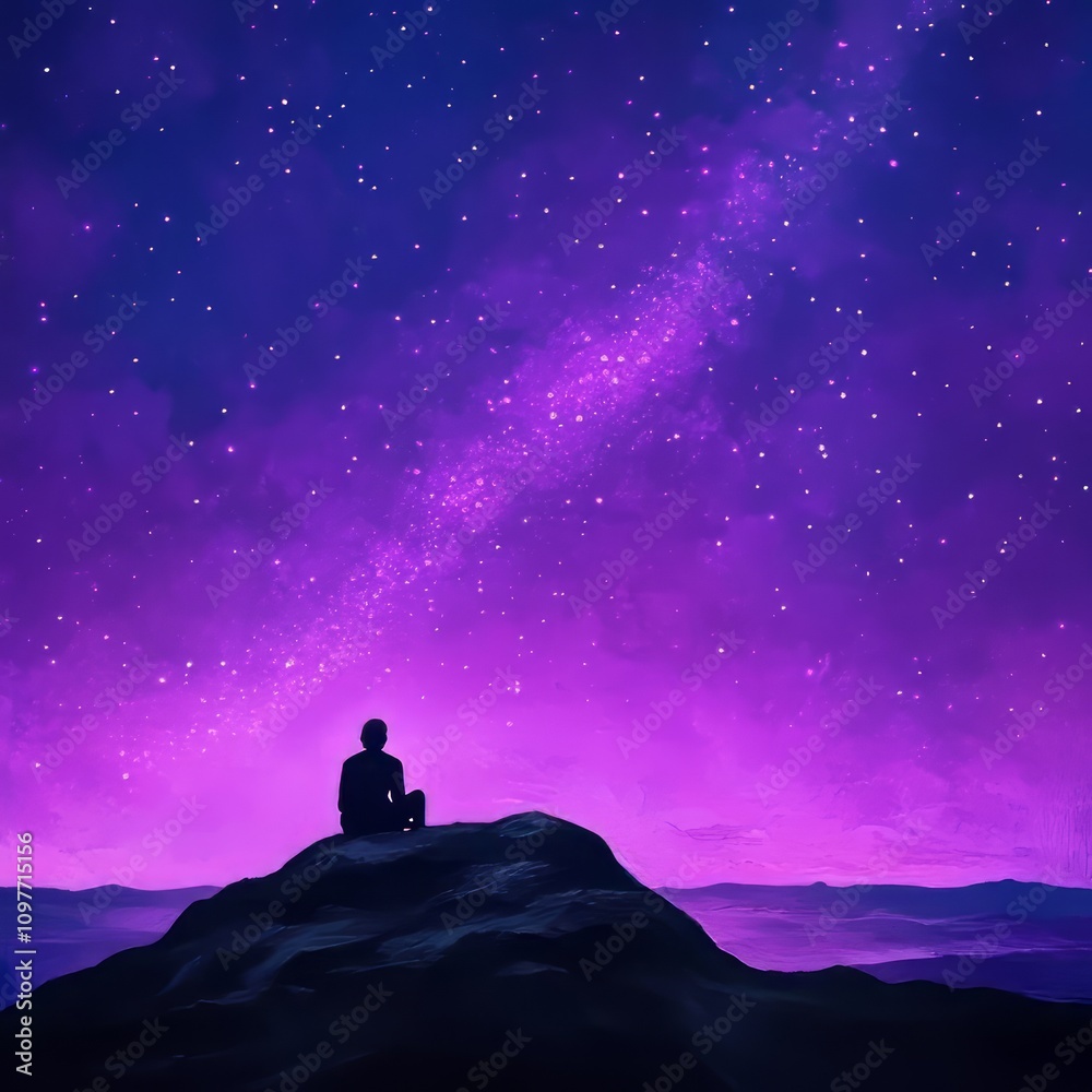 Silhouetted person sits on a rock, gazing at a vibrant purple night sky filled with stars and the Milky Way. Silhouetted person sits on a rock, gazing at a vibrant purple night sky filled with stars and the Milky Way.