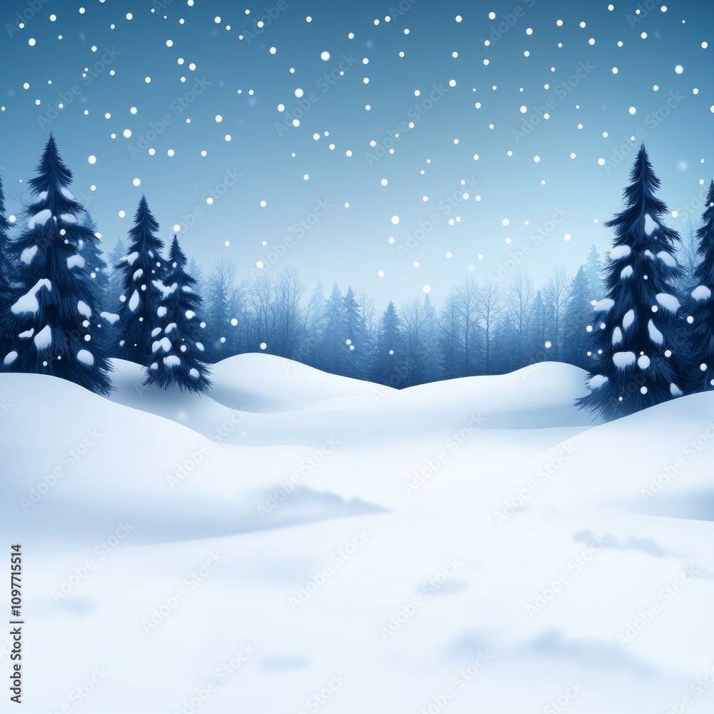 Naklejka premium Snowy winter landscape with snow-covered fir trees and gently rolling hills under a twilight sky.