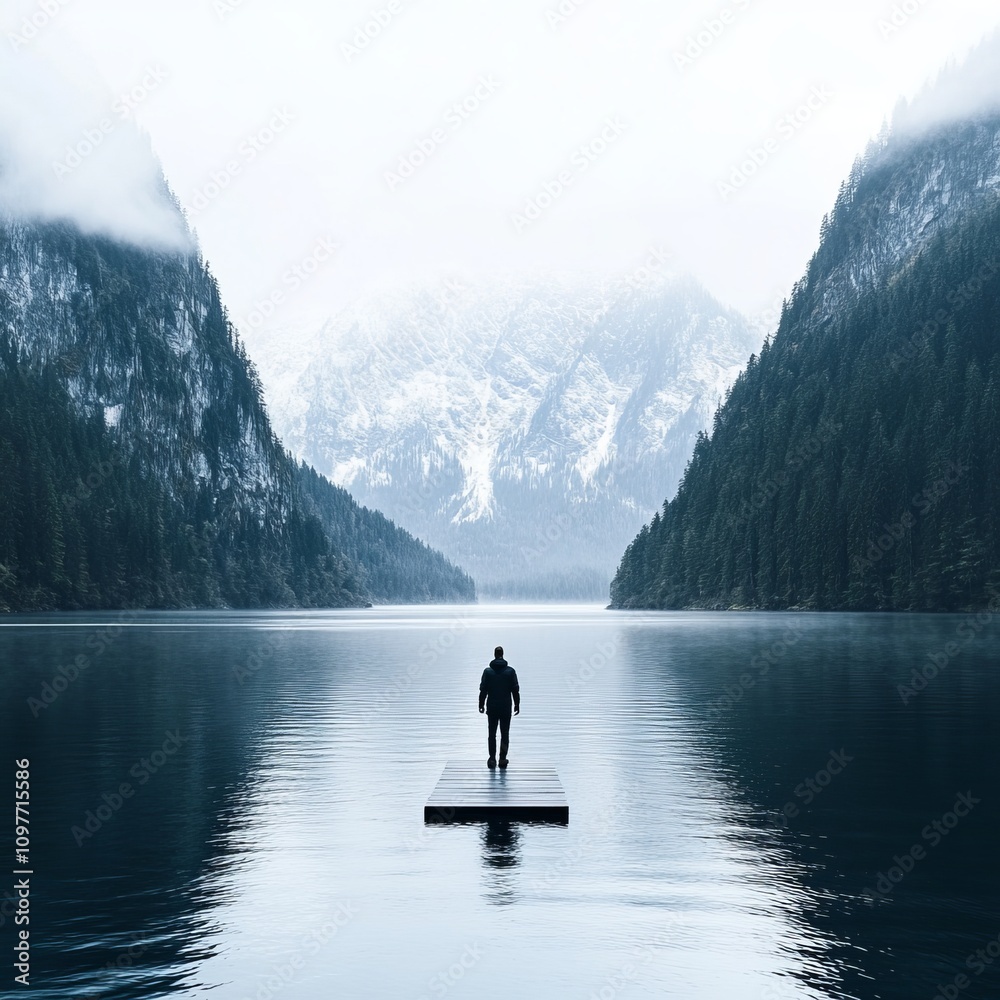 Solitary figure standing on a small dock in a serene mountain lake, snow-capped peaks in the background. Solitary figure standing on a small dock in a serene mountain lake, snow-capped peaks in the background.