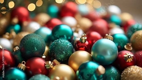 Pile of Green, Red & Gold Glitter Christmas Ornaments