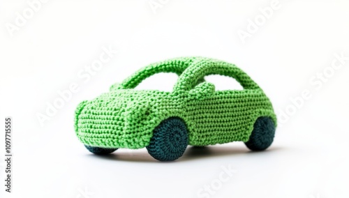 Knitted Green Car Icon on White Background, Professional Color Grading, Soft Shadows, Clean Sharp Focus