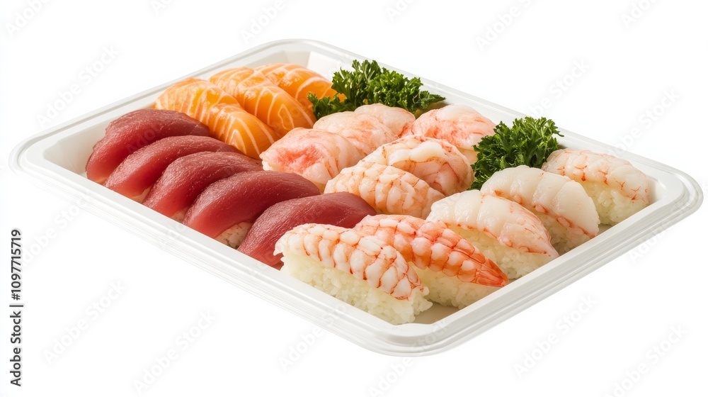 A platter of fresh sushi nigiri featuring tuna, salmon, and shrimp atop perfectly seasoned rice A platter of fresh sushi nigiri featuring tuna, salmon, and shrimp atop perfectly seasoned rice