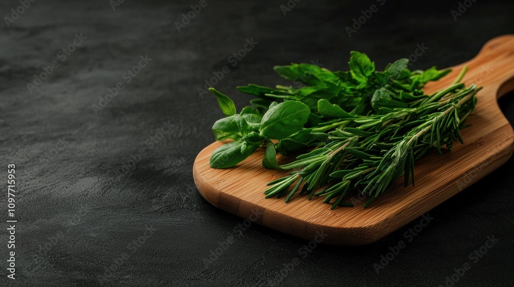 A wooden cutting board with a bunch of herbs on it A wooden cutting board with a bunch of herbs on it