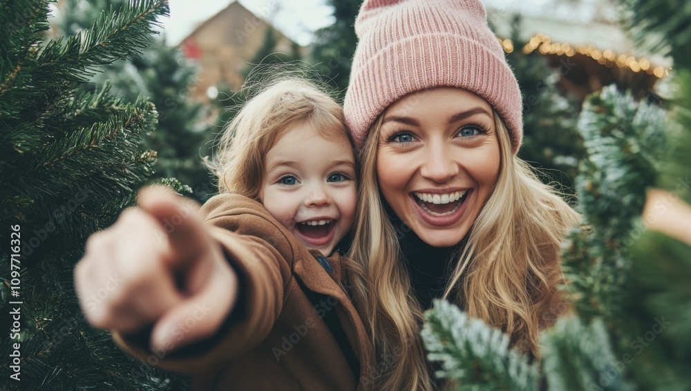 Obraz premium Happy Blonde Mother and Child Pointing at Camera, Smiling Amidst Christmas Trees, Pink Beanie, Brown Coat, Blue Eyes Sparkling in Sunlight