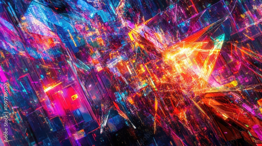 Obraz premium Shattered data shards reflecting neon lights, creating a dynamic and chaotic digital landscape