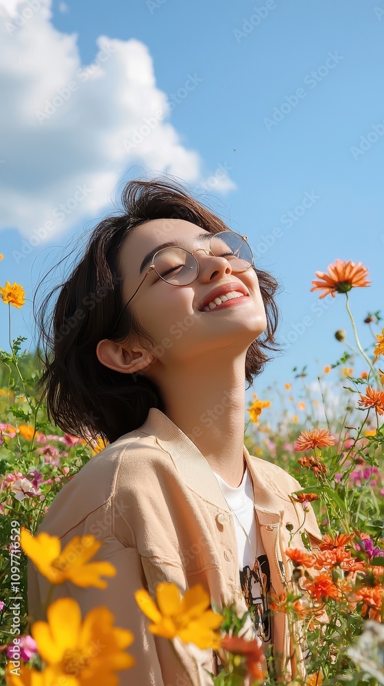 Naklejka premium Bright and Joyful Woman Smiling Among Colorful Wildflowers Outdoors