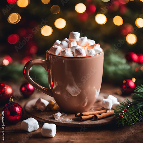 A cozy mug of hot chocolate topped with marshmallows, surrounded by Christmas decorations and warm lights, creating a festive and comforting holiday atmosphere.