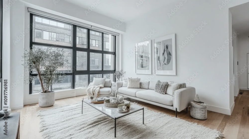 A minimalist Scandinavian living room with white walls, light gray furniture, and soft textures like a fluffy rug and throw pillows, framed by large windows A minimalist Scandinavian living room with white walls, light gray furniture, and soft textures like a fluffy rug and throw pillows, framed by large windows