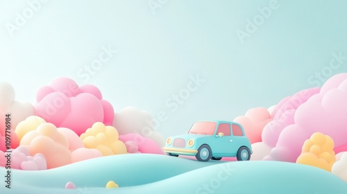 Whimsical Pastel Car Driving on Fluffy Cloudscape