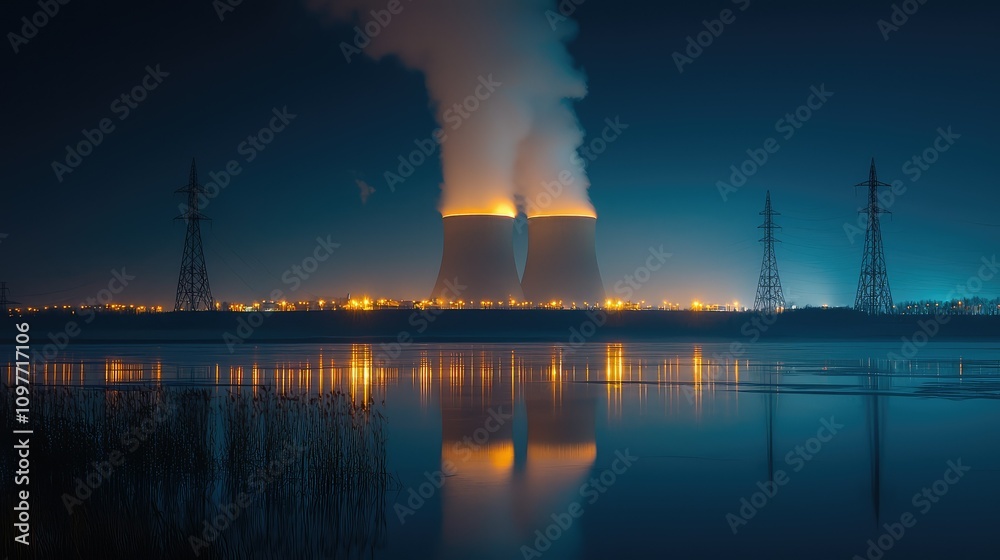 Majestic Night View of Cooling Towers Emitting Steam with Reflections on Calm Water Surface and Power Lines Illuminated by City Lights Majestic Night View of Cooling Towers Emitting Steam with Reflections on Calm Water Surface and Power Lines Illuminated by City Lights