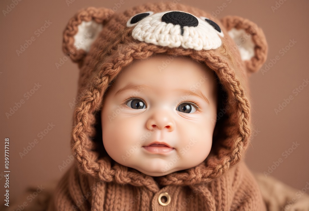 Adorable Baby in Brown Knit Teddy Bear Outfit Sweet Infant Portrait Adorable Baby in Brown Knit Teddy Bear Outfit Sweet Infant Portrait