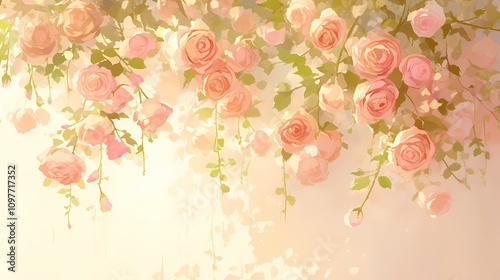 White walls and pink roses outdoor illustration poster background