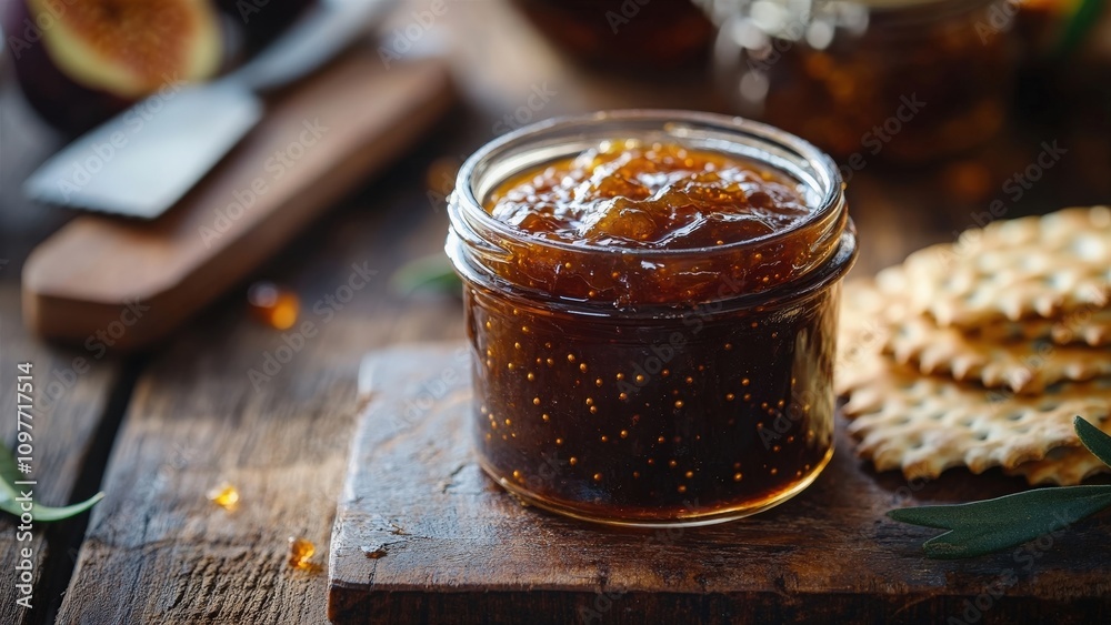 Jar of fig jam with crackers on rustic wooden background Jar of fig jam with crackers on rustic wooden background