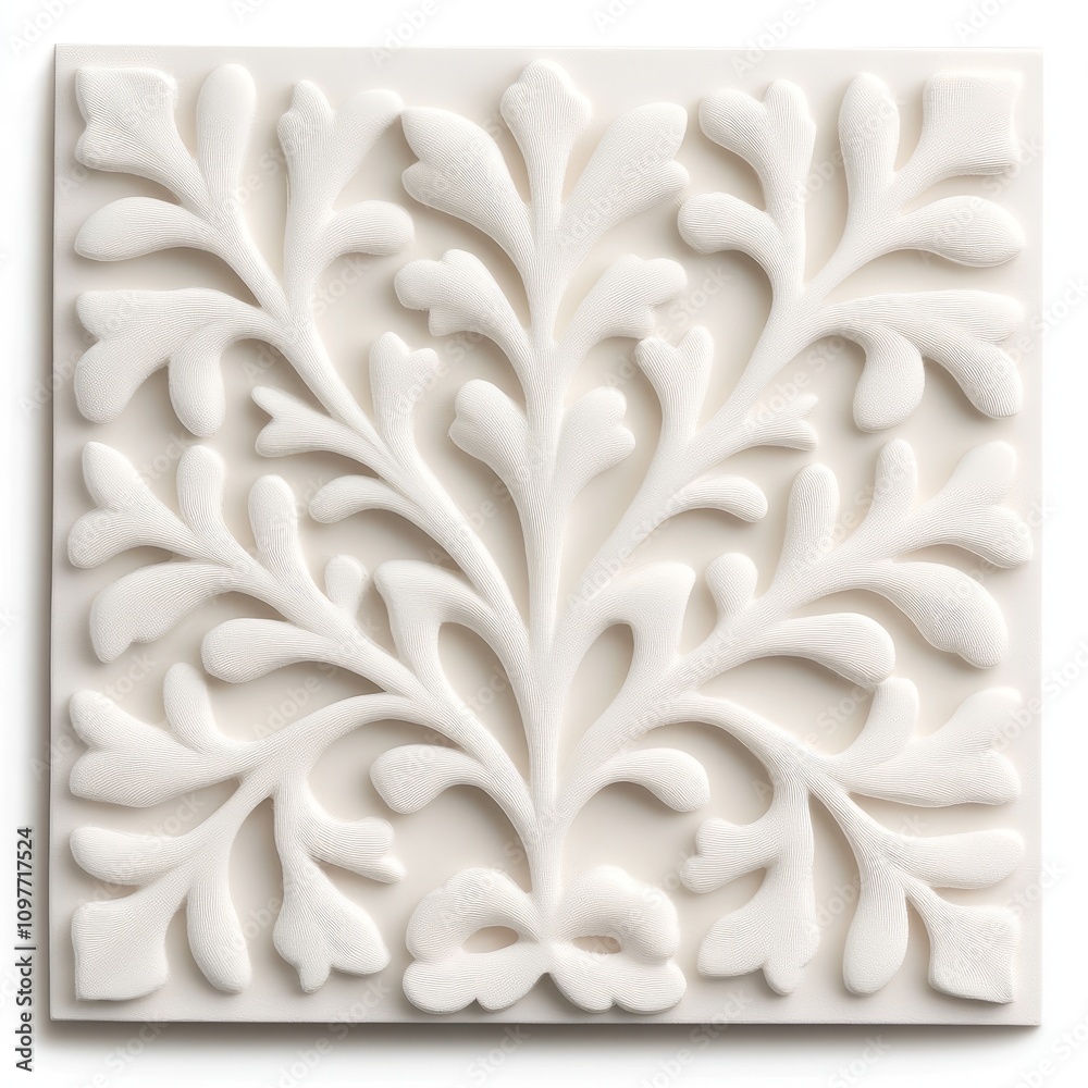 White square tile with embossed floral pattern. White square tile with embossed floral pattern.