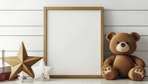 Mockup of Empty Frame on Wall with Teddy Bear and Star Decoration in Cozy Nursery Room
