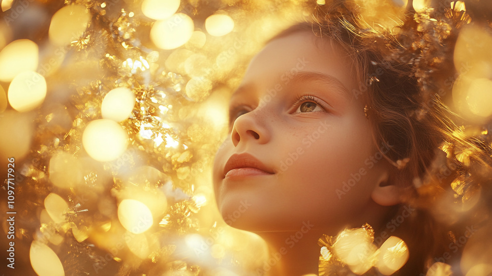 Child gazing upward with wonder surrounded by glowing lights in an outdoor setting Child gazing upward with wonder surrounded by glowing lights in an outdoor setting