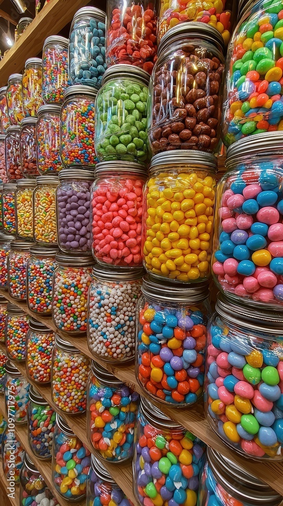 Colorful Display of Glass Jars Filled with Various Types of Candy, Showcasing Vibrant Colors and Textures in a Visual Treat for Sweet Lovers Colorful Display of Glass Jars Filled with Various Types of Candy, Showcasing Vibrant Colors and Textures in a Visual Treat for Sweet Lovers