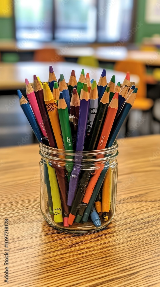 Colorful Collection of Drawing Tools in a Jar on a Wooden Table Surrounded by Classroom Environment, Perfect for Educational and Creative Themes Colorful Collection of Drawing Tools in a Jar on a Wooden Table Surrounded by Classroom Environment, Perfect for Educational and Creative Themes