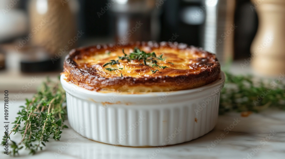 delightful, fluffy souffle served in a round white dish, exuding warmth and comfort, perfect for a cozy and indulgent treat in a beautifully set dining environment delightful, fluffy souffle served in a round white dish, exuding warmth and comfort, perfect for a cozy and indulgent treat in a beautifully set dining environment