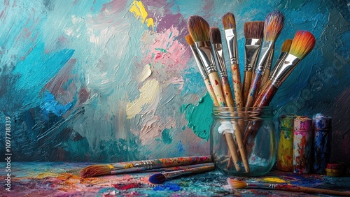 Colorful paintbrushes in a jar with vibrant abstract background