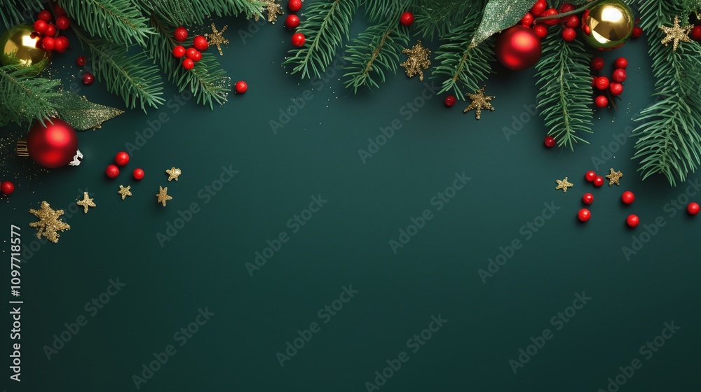 Festive green background with ornaments and evergreen branches. Festive green background with ornaments and evergreen branches.