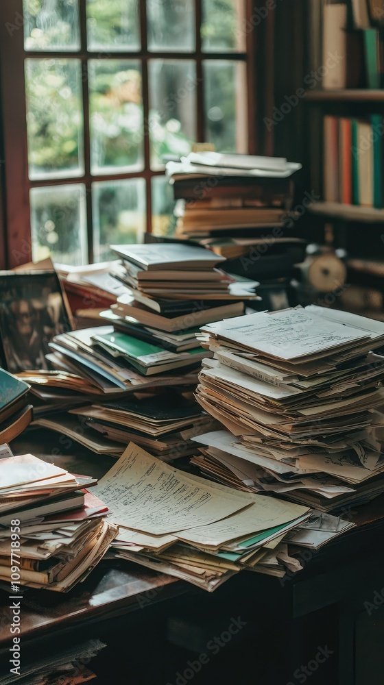 A Cozy and Chaotic Home Office with Stacks of Documents and Papers on a Table Near a Bright Window Surrounded by Greenery, Ideal for Creative Work Inspiration A Cozy and Chaotic Home Office with Stacks of Documents and Papers on a Table Near a Bright Window Surrounded by Greenery, Ideal for Creative Work Inspiration