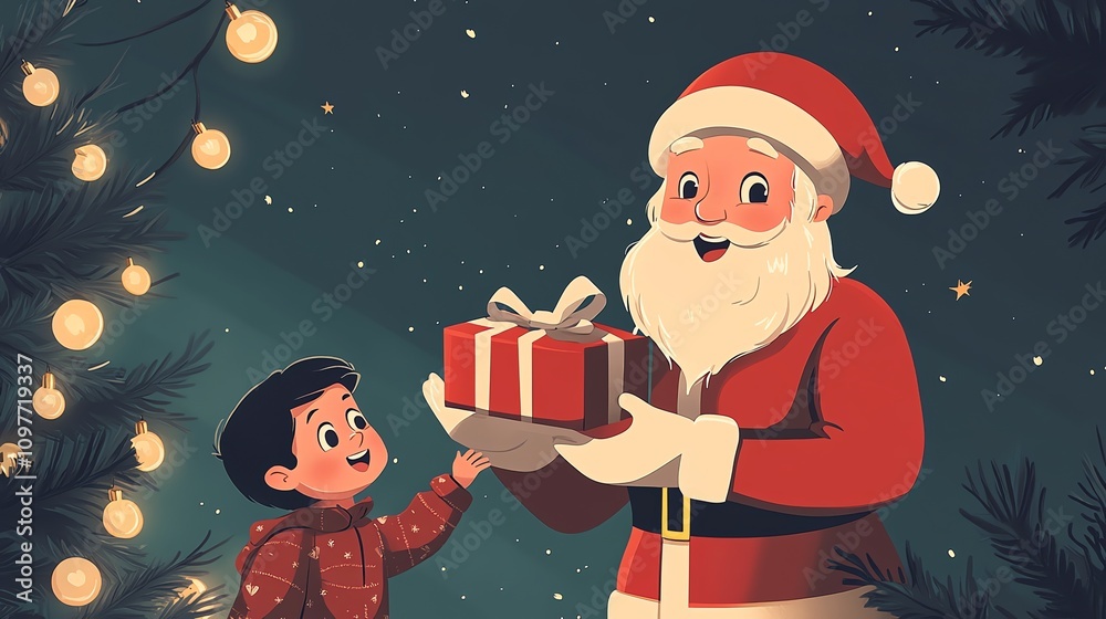cartoon Santa Claus presenting a gift to a kids, surrounded by festive lights and falling snow cartoon Santa Claus presenting a gift to a kids, surrounded by festive lights and falling snow