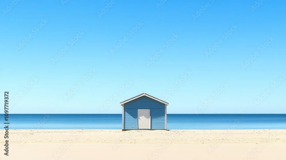 Serene Beach Hut Calm Ocean Blue Sky Sandy Beach Seascape Serene Beach Hut Calm Ocean Blue Sky Sandy Beach Seascape