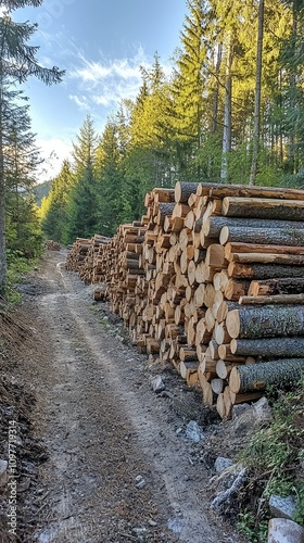 Scenic Forest Path with Stacked Logs Under Bright Blue Sky and Sunlight Filtering Through Tall Green Trees, Ideal for Nature and Timber Industry Themes