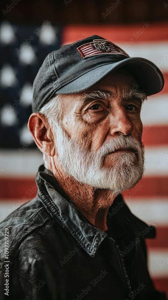 Senior man with gray beard and cap poses in front of American flag, showcasing pride and wisdom, reflecting values of veterans and the spirit of the nation