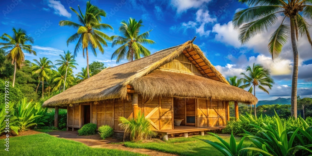 Minimalist Traditional Hawaiian Village Home Made from Bamboo and Palm Leaves, Showcasing Natural Materials and Tropical Aesthetics Minimalist Traditional Hawaiian Village Home Made from Bamboo and Palm Leaves, Showcasing Natural Materials and Tropical Aesthetics
