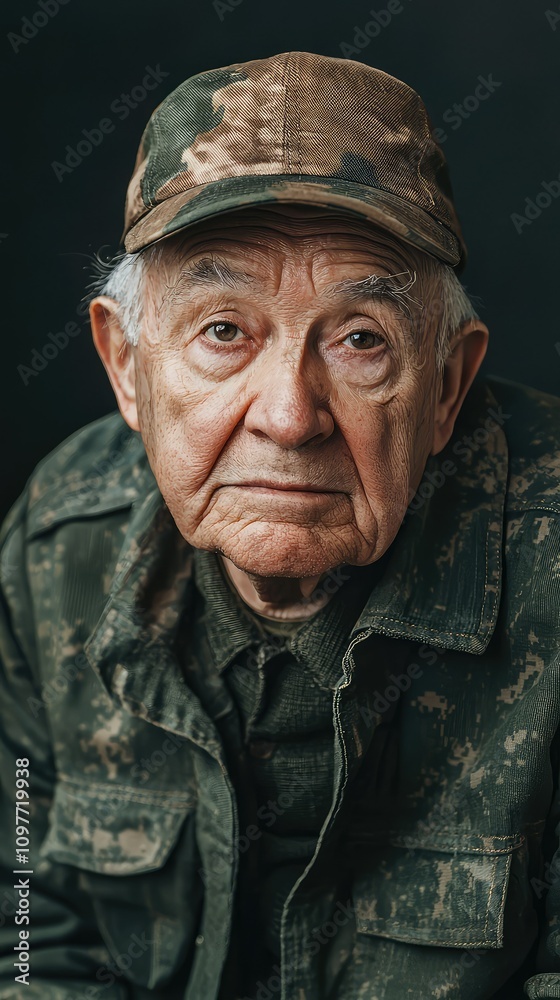 Fototapeta premium Elderly man in military attire with a thoughtful expression, showcasing resilience and wisdom from a life of service, highlighting the beauty of aging and experience.