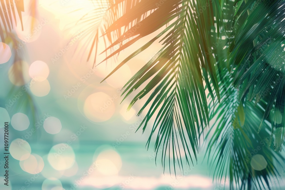 Fototapeta premium Tropical beach with palm leaf sun and waves. Vintage style.