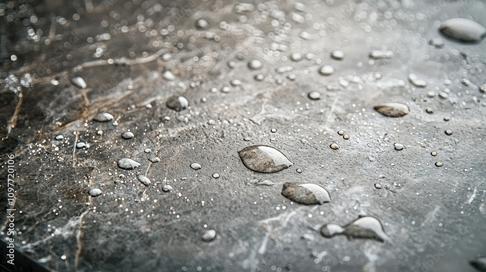 Close-Up View of Water Droplets on a Textured Dark Stone Surface Highlighting Natural Patterns and Reflections for Artistic or Design Use Close-Up View of Water Droplets on a Textured Dark Stone Surface Highlighting Natural Patterns and Reflections for Artistic or Design Use