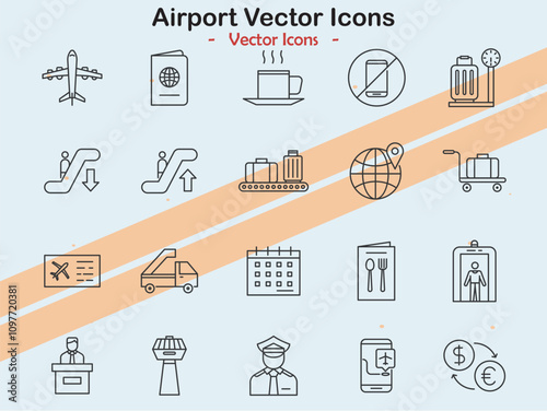 Icons representing airports and travel themes in vector style