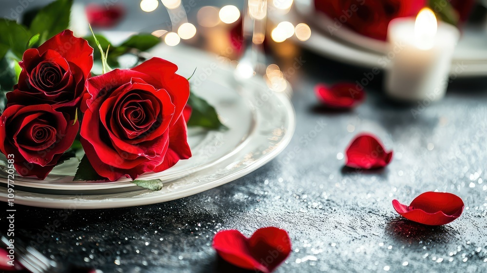 Elegant Romantic Dinner Setting with Red Roses on Plate, Soft Candlelight, and Rose Petals for Special Occasions like Valentine's Day or Anniversary Celebration Elegant Romantic Dinner Setting with Red Roses on Plate, Soft Candlelight, and Rose Petals for Special Occasions like Valentine's Day or Anniversary Celebration