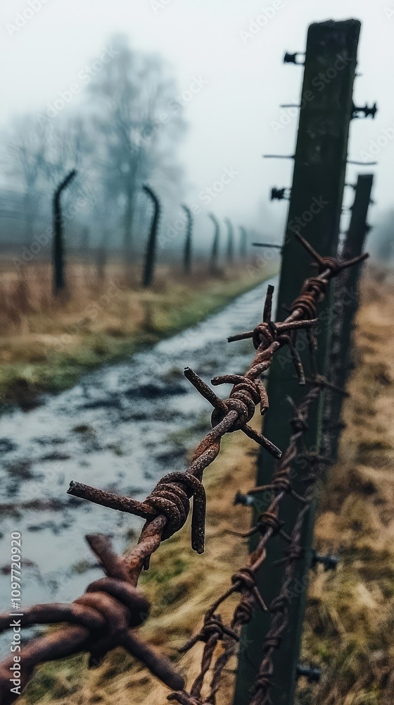 Rusty Barbed Wire Fence along a Foggy Pathway in an Abandoned Landscape, Evoking a Sense of Isolation and Uncertainty in a Gloomy Atmosphere Rusty Barbed Wire Fence along a Foggy Pathway in an Abandoned Landscape, Evoking a Sense of Isolation and Uncertainty in a Gloomy Atmosphere