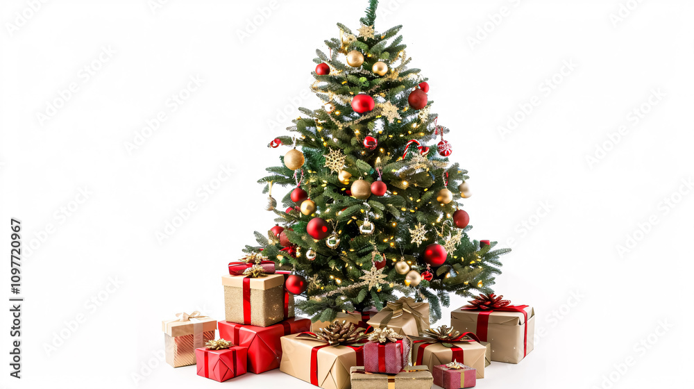 A decorated Christmas tree surrounded by gift boxes, isolated against a white background. A decorated Christmas tree surrounded by gift boxes, isolated against a white background.