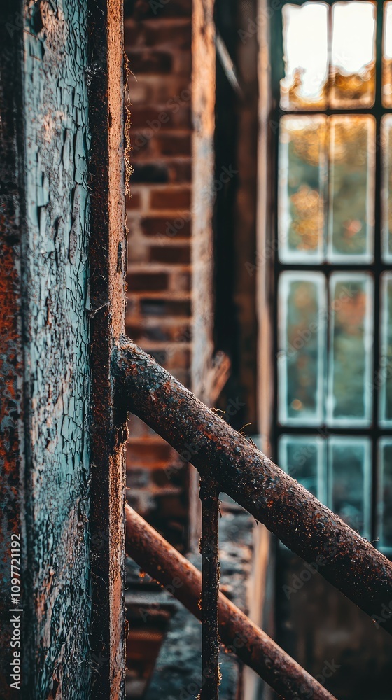 Detailed Close-Up of Rusty Handrail and Textured Brick Wall in Abandoned Industrial Space with Natural Light Filtering Through Window Detailed Close-Up of Rusty Handrail and Textured Brick Wall in Abandoned Industrial Space with Natural Light Filtering Through Window