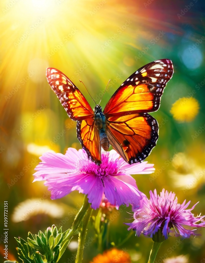 A close-up of a monarch butterfly delicately perched on a bright pink flower, basking in the warm sunlight. The vibrant colors and detailed wings make this image perfect for nature, wildlife, and A close-up of a monarch butterfly delicately perched on a bright pink flower, basking in the warm sunlight. The vibrant colors and detailed wings make this image perfect for nature, wildlife, and