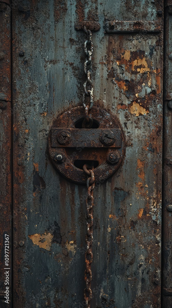 Rustic Iron Door with Chain Lock and Weathered Surface, Highlighting the Beauty of Decay and Texture in Industrial Architecture Rustic Iron Door with Chain Lock and Weathered Surface, Highlighting the Beauty of Decay and Texture in Industrial Architecture