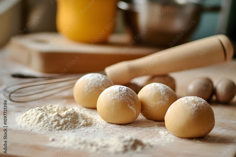 Fototapeta premium Fresh Dough and Baking Tools on Table
