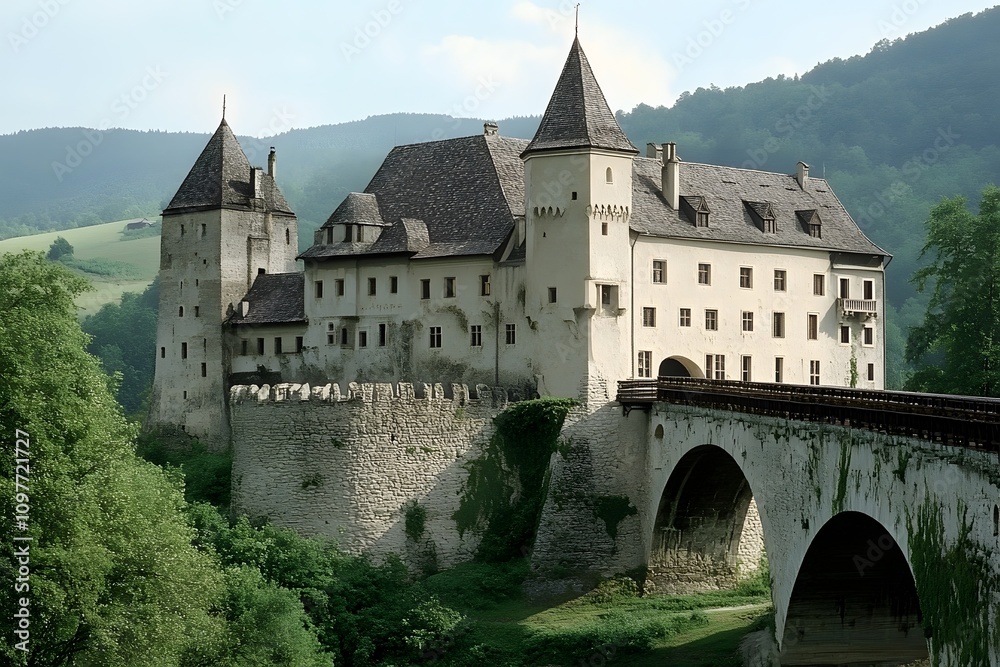 Naklejka premium Medieval Castle with Stone Bridge