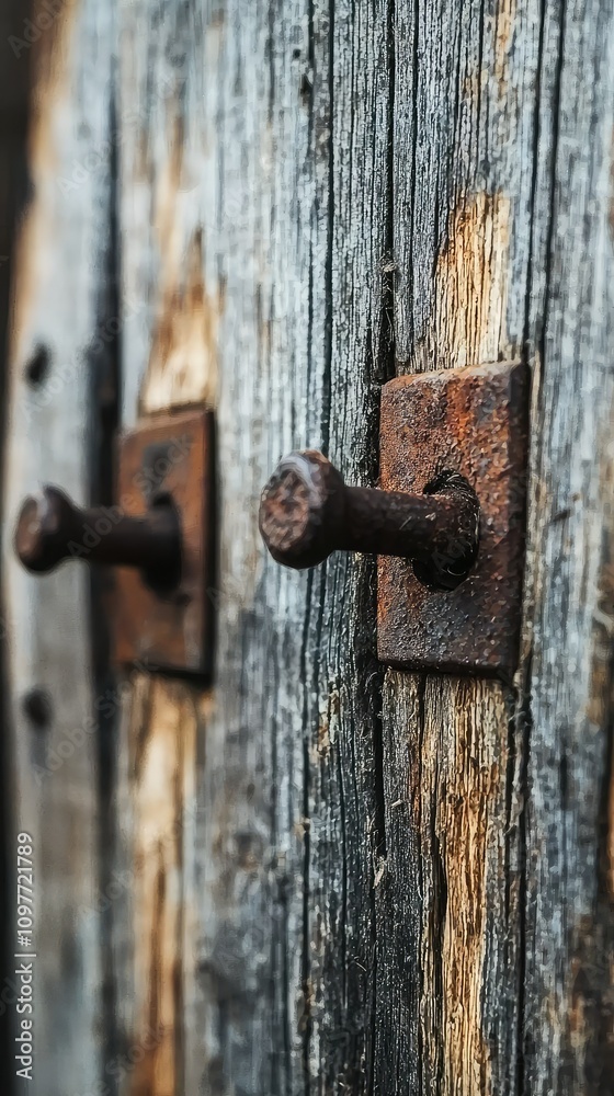 Close-Up of Rustic Wooden Door with Weathered Texture and Rusty Metal Bolts Highlighting the Beauty of Aging Materials in Natural Light Close-Up of Rustic Wooden Door with Weathered Texture and Rusty Metal Bolts Highlighting the Beauty of Aging Materials in Natural Light