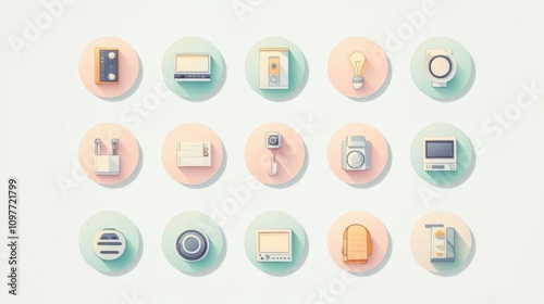 Set of flat icons of gadgets and devices in pastel colors.