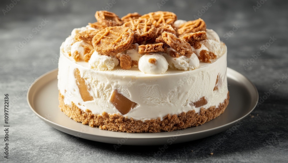 Round Beige and White Ice Cream Cake with Golden Brown Crust, Topped with Large Caramel Toffee Cookies on Creamy Textured Base, Centered on Plate, Gray Background Round Beige and White Ice Cream Cake with Golden Brown Crust, Topped with Large Caramel Toffee Cookies on Creamy Textured Base, Centered on Plate, Gray Background