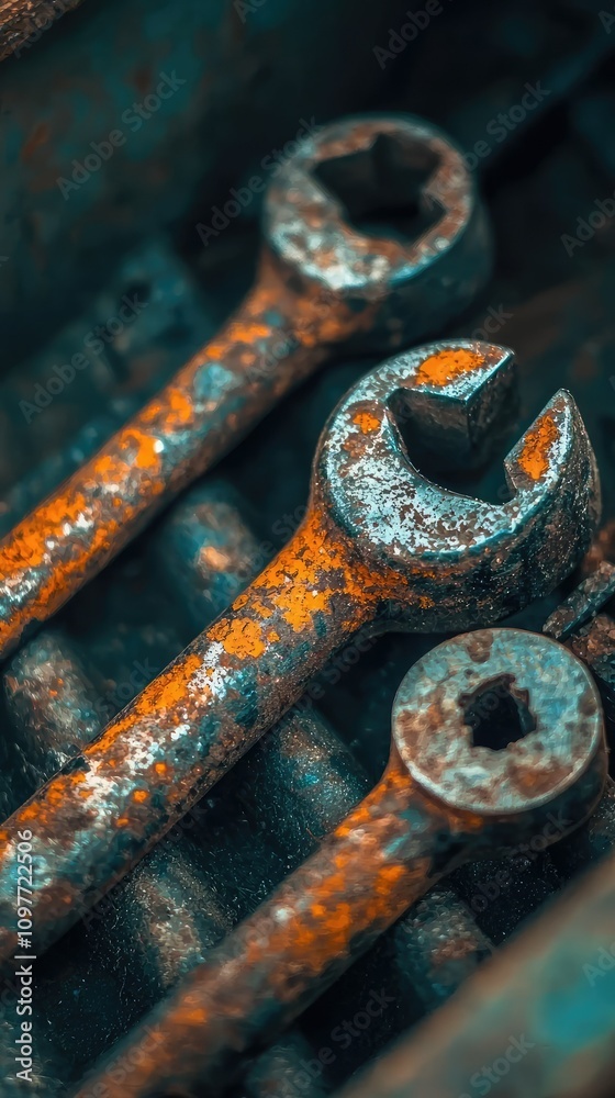 Close-Up View of Rusty Wrenches on a Tool Tray with Vibrant Colors Highlighting the Wear and Tear of Everyday Use in a Workshop Setting