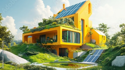 The concept of renewable energy with yellow house covered by green grass.