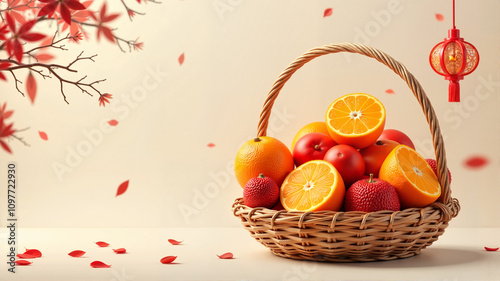 Basket of oranges with red envelopes on festive Chinese New Year theme photo